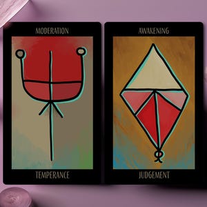 May include: Two tarot cards with black borders. The left card reads "Moderation" and "Temperance" with a red and black abstract design. The right card reads "Awakening" and "Judgement" with a red, pink, and beige abstract design.