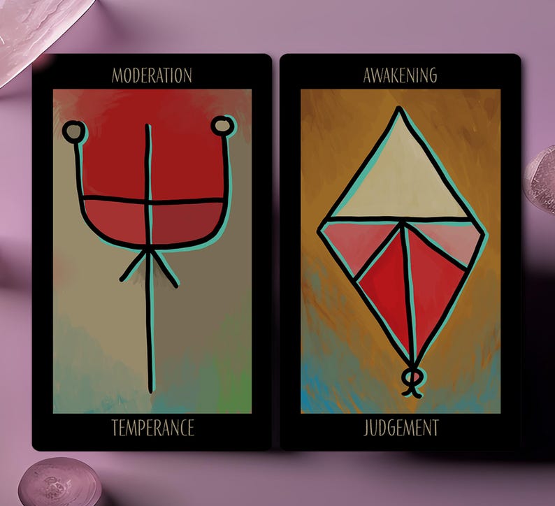 May include: Two tarot cards with black borders. The left card reads "Moderation" and "Temperance" with a red and black abstract design. The right card reads "Awakening" and "Judgement" with a red, pink, and beige abstract design.