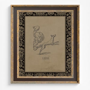 Può includere: Una stampa incorniciata con un'illustrazione in bianco e nero di una volpe con una coda di fuoco. La stampa ha uno sfondo marrone e la parola "KARMA" è stampata sotto la volpe. La cornice è dorata con un bordo interno nero e un motivo floreale nero e oro.