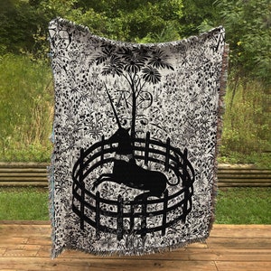 Woven Cotton Blanket - Medieval Black and White Unicorn
