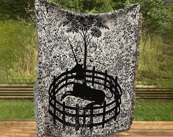 Woven Cotton Blanket - Medieval Black and White Unicorn
