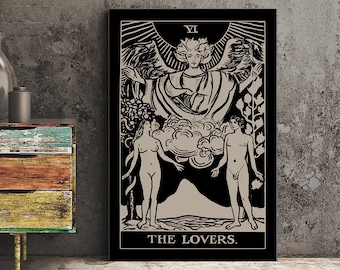 Lámina de la carta del Tarot de Los Amantes - Arte en blanco y negro