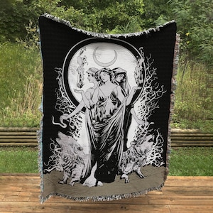 Moon Goddess Hecate Woven Throw Blanket - Wiccan Woven Black Tapestry - Hekate Witchy Blanket