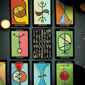 May include: A collection of tarot cards with abstract geometric designs and text. The cards feature various colors, including orange, green, and blue, with titles such as "Page of Pentacles" and "Nine of Swords". The overall theme is divination and spirituality.