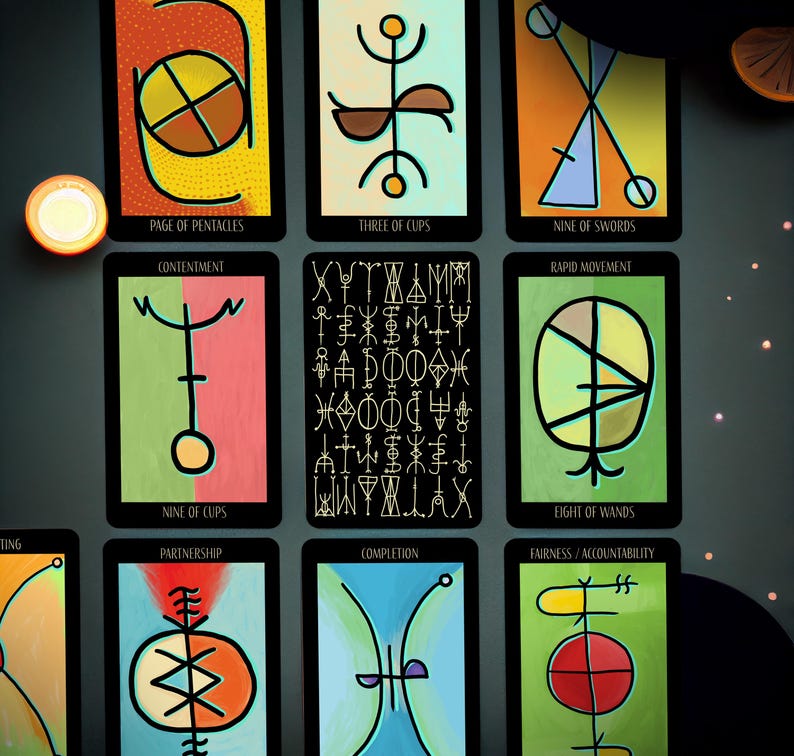 May include: A collection of tarot cards with abstract geometric designs and text. The cards feature various colors, including orange, green, and blue, with titles such as "Page of Pentacles" and "Nine of Swords". The overall theme is divination and spirituality.