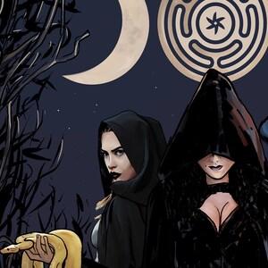 May include: Illustration of two figures in black hooded cloaks under a crescent moon and a circular symbol. One figure holds a yellow snake. The background is a dark blue night sky with sparse stars. The artwork has a mystical or fantasy theme.