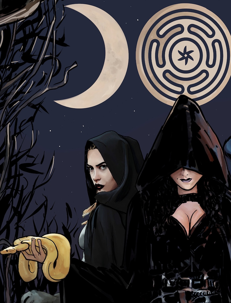May include: Illustration of two figures in black hooded cloaks under a crescent moon and a circular symbol. One figure holds a yellow snake. The background is a dark blue night sky with sparse stars. The artwork has a mystical or fantasy theme.