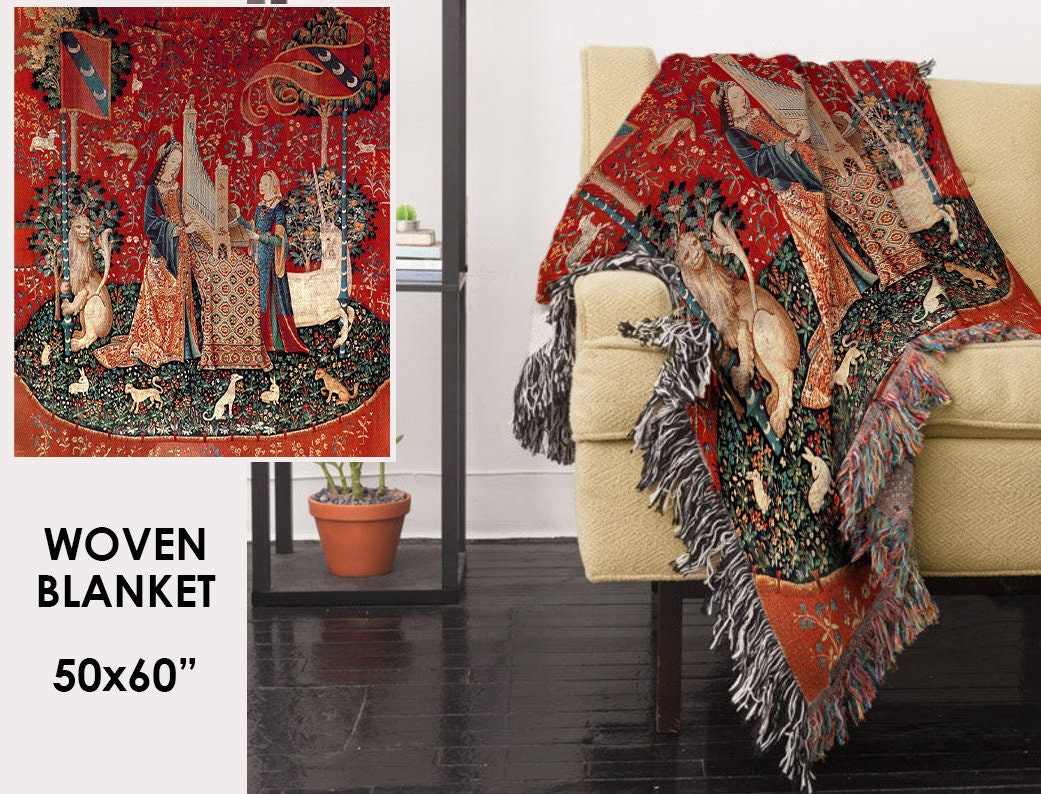 Woven Cotton Tapestry/throw Blanket Lady With Unicorn Etsy