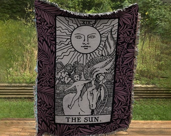 Woven Blanket - The Sun Tarot Card  - Purple and Black Floral - Rider Waite Deck - Cotton Throw