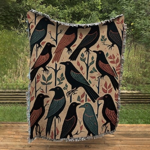 The Black Crows Folk Art Woven Throw Blanket