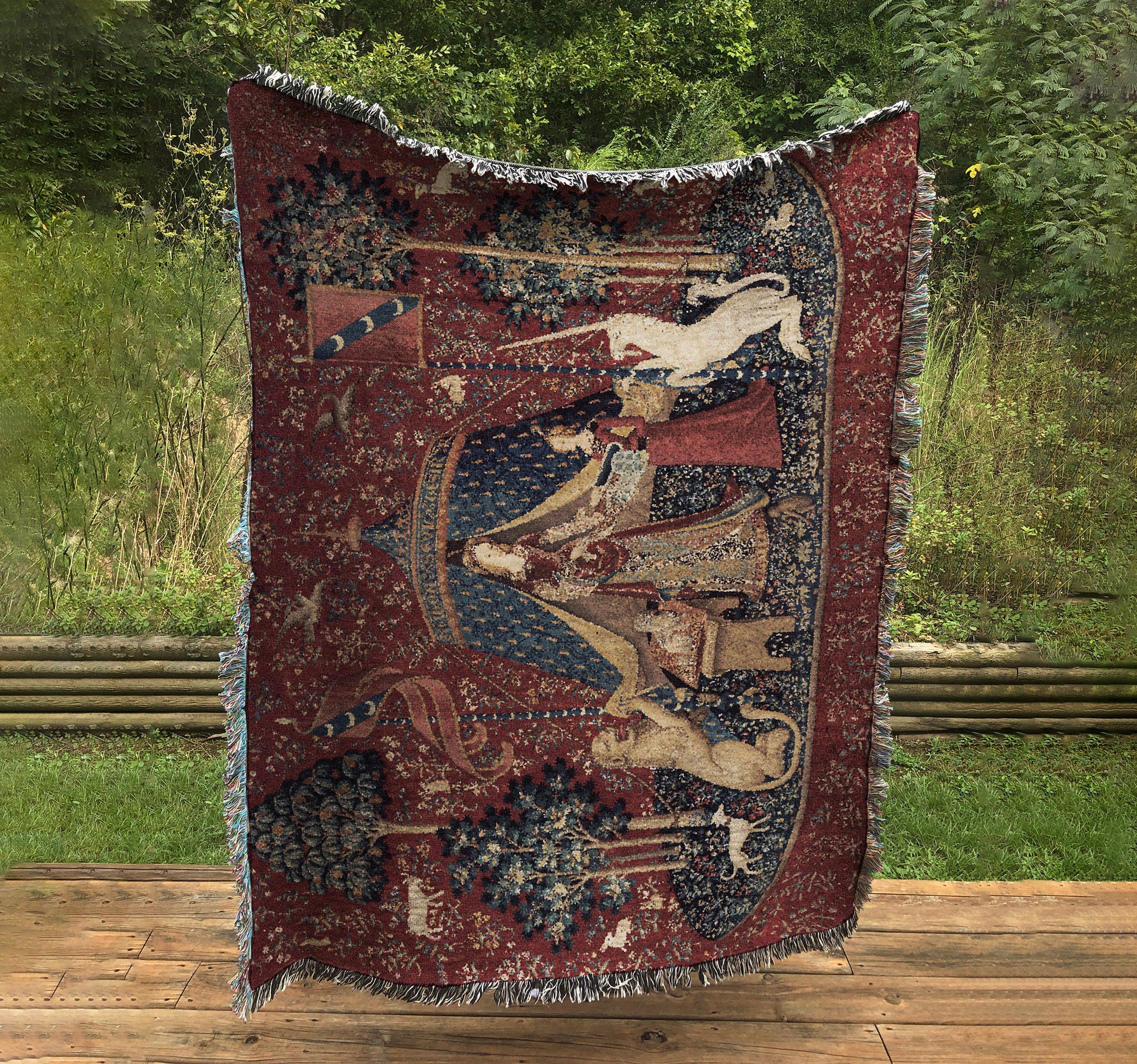 Woven Cotton Tapestry/throw Blanket Lady With Unicorn Etsy