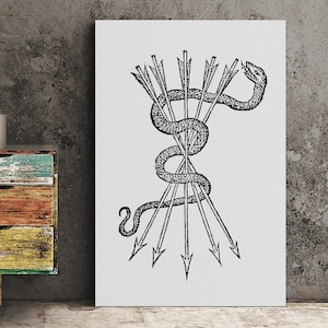 Può includere: Un'illustrazione in bianco e nero di un serpente avvolto attorno a un fascio di frecce. La testa del serpente è rivolta verso lo spettatore e la sua bocca è aperta. Le frecce puntano tutte in direzioni diverse.