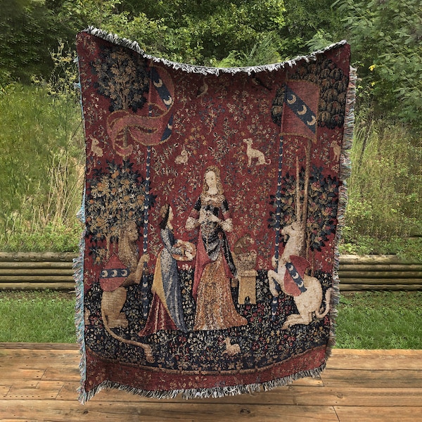 Woven Cotton Tapestry/Throw Blanket - Lady With Unicorn Sense Of Scent Blanket
