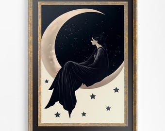 Celestial Woman on Moon Print – Stars, Night Sky Poster