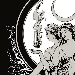 May include: Black and white illustration of two women standing side-by-side. The woman on the left is holding a flame in her hand. The woman on the right is holding a crescent moon. Both women are wearing flowing robes and have long hair.