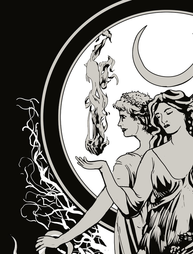May include: Black and white illustration of two women standing side-by-side. The woman on the left is holding a flame in her hand. The woman on the right is holding a crescent moon. Both women are wearing flowing robes and have long hair.