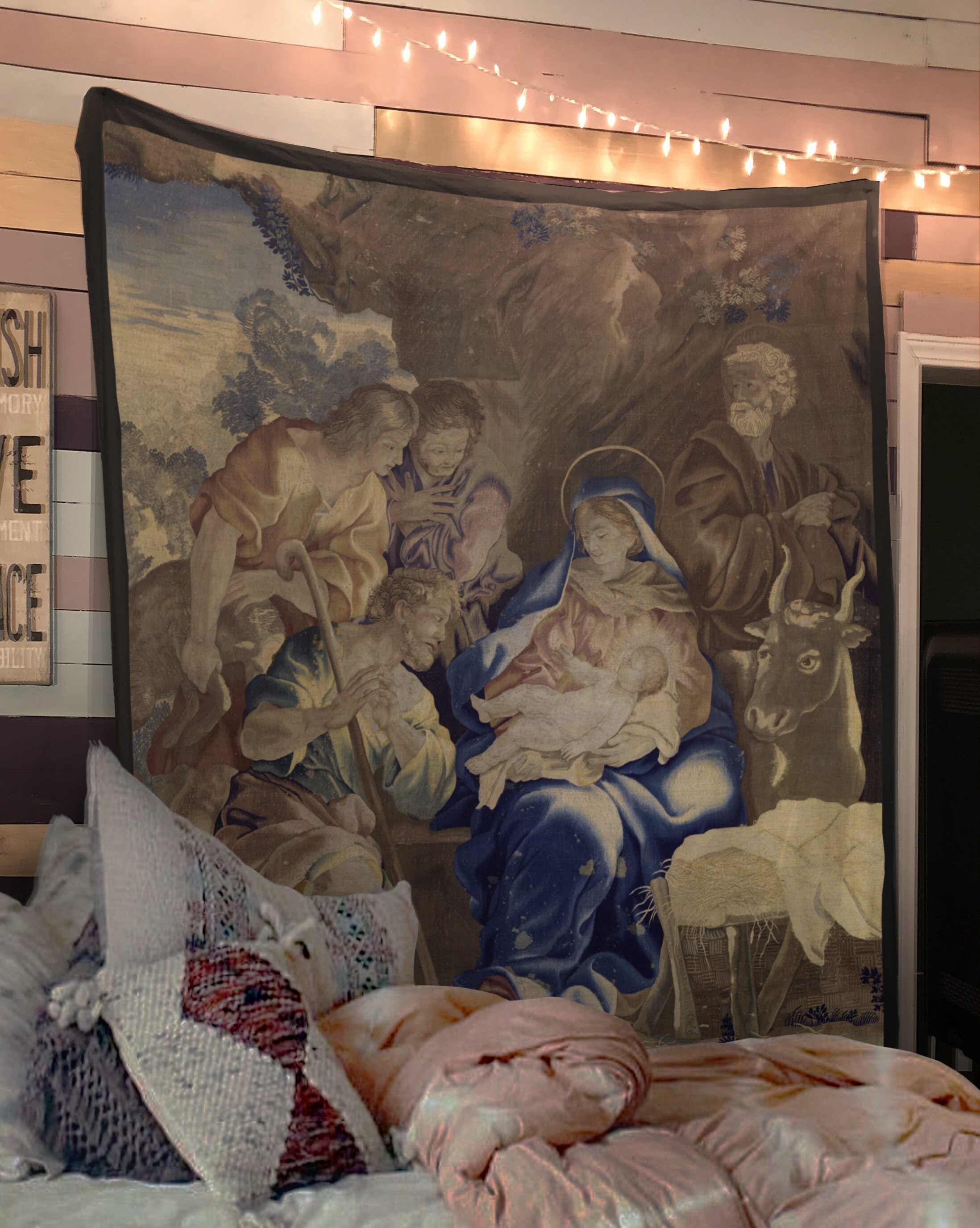 Religious Tapestry Baby Messiah Nativity Print Wall Hanging Decor 80Wx60L Inches 