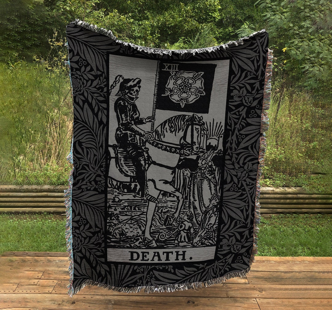 Woven Blanket Death Tarot Card Black and Gray Floral Throw Blanket