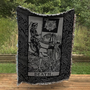 Woven Blanket - Death Tarot Card Black and Gray Floral Throw Blanket  - Rider Waite Deck - Cotton