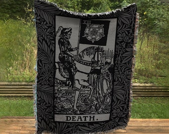 Death Tarot Card Woven Blanket - Black & Gray Floral Cotton Throw