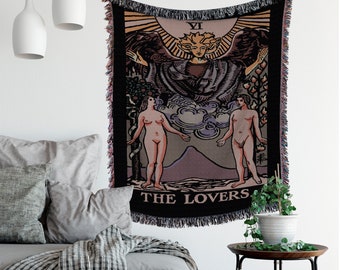The Lovers Tarot Card Woven Blanket – Neutral Tapestry