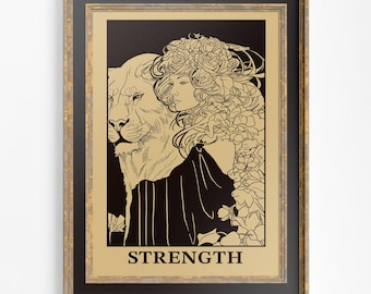 Art Nouveau Strength Tarot Card Print – Woman and Lion Poster
