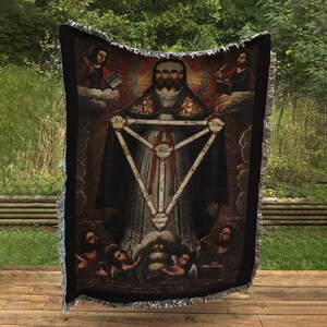 Jesus and the Trifacial Trinity Woven Throw Blanket Tapestry