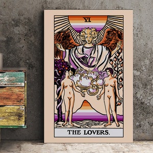 The Lovers - Tarot Karten Druck - Zwei Frauen Liebende Lesben Flagge Tarot Print Poster, ohne Rahmen