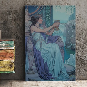 May include: A canvas print of a classical painting depicting a woman in a flowing white and purple gown, holding a golden chalice. The artwork uses a cool colour palette with shades of blue and teal, and shows a scenic background with a waterfall.