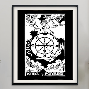 Het Rad van Fortuin - Tarotkaart Print - Het Rad van Fortuin Zwarte Kaart Rider Waite Black Poster, Geen Frame