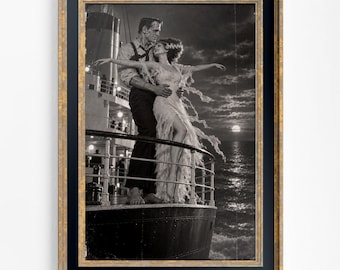 Frankenstein and His Bride Art Print, Classic Monster Halloween Poster