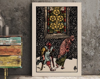 Five of Pentacles Tarot Card Print - Vintage Style Poster