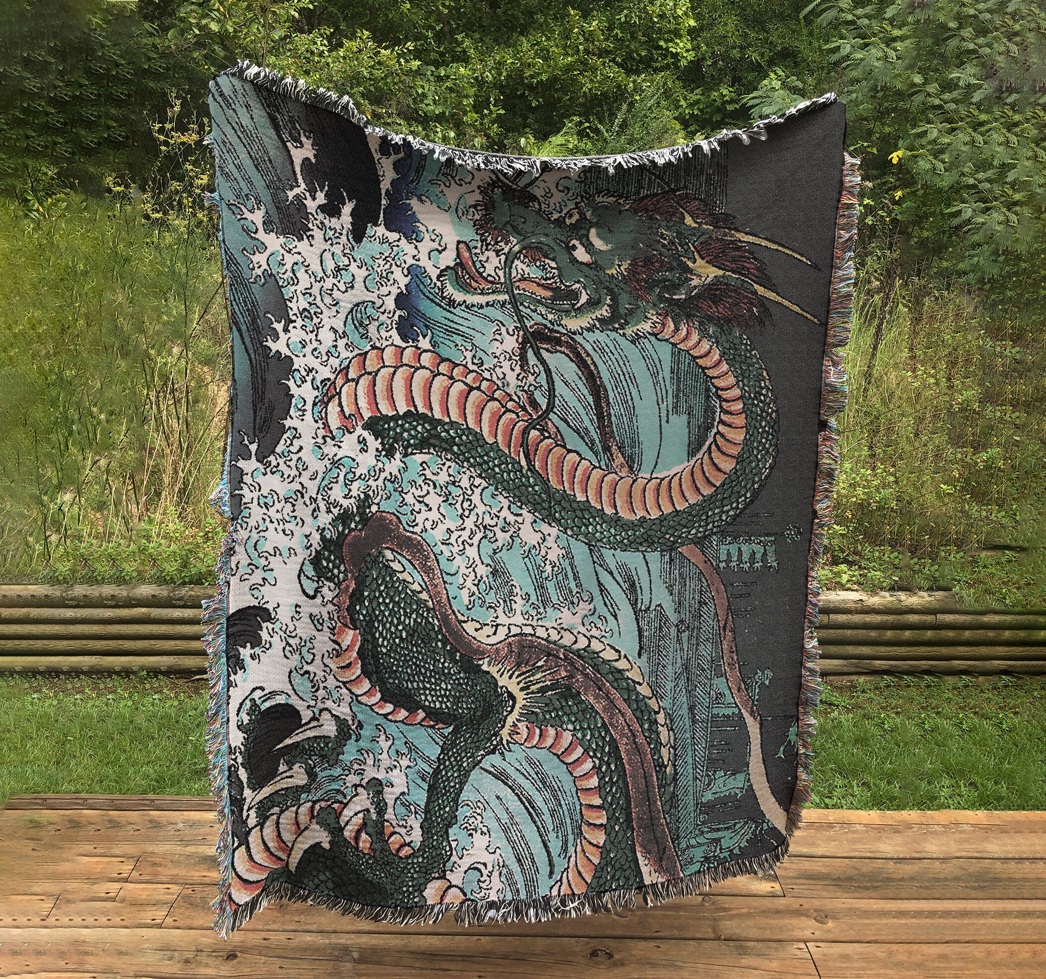 Woven Cotton Blanket Japanese Dragon Etsy