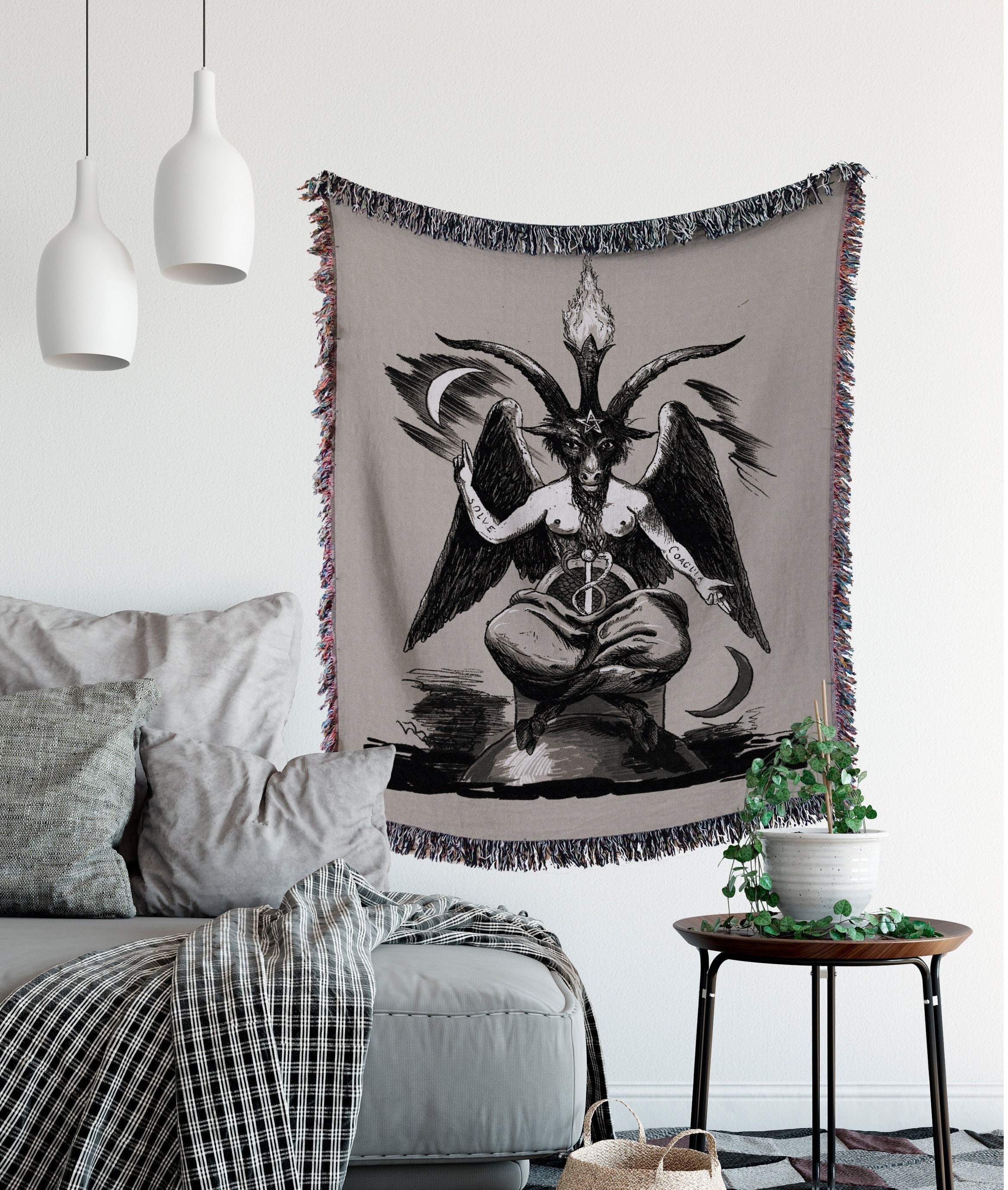 Baphomet Woven Throw Blanket - Beige Satanic Goat Tapestry - Etsy