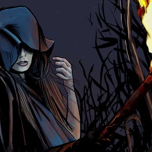 May include: An illustration of a person wearing a dark blue hooded cloak, with long brown hair and pale skin. The person is holding a torch with a bright flame, set against a dark, starry background.