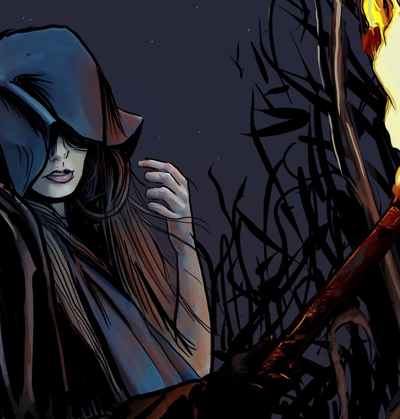 May include: An illustration of a person wearing a dark blue hooded cloak, with long brown hair and pale skin. The person is holding a torch with a bright flame, set against a dark, starry background.
