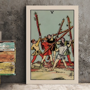 5 de baguettes - Impression de cartes de tarot - Affiche de cartes à cinq baguettes, sans cadre