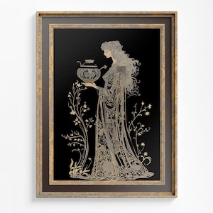May include: An art print in a gold frame features a woman in a flowing gown holding a decorative pot. The illustration is in gold against a black background, with floral accents. The artwork has an Art Nouveau style.