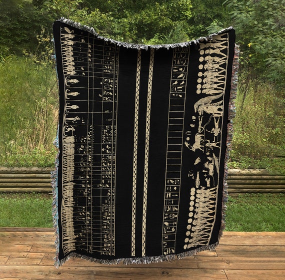 Egyptian Zodiac Tapestry Blanket: Thebes Tomb Art, Cotton Woven Throw