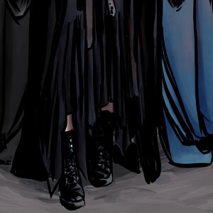 May include: Illustration of black leather boots with laces, set against a backdrop of dark clothing and a blue garment. The boots have a textured appearance and are positioned on a gray surface.