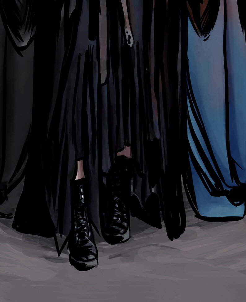 May include: Illustration of black leather boots with laces, set against a backdrop of dark clothing and a blue garment. The boots have a textured appearance and are positioned on a gray surface.