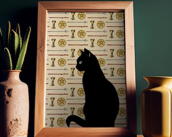Cat with Tarot Elements Print - Cat Lover Print - The Tarot Lovers Poster, No Frame