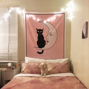 La Luna Cat Card Moon Pink Tapestry