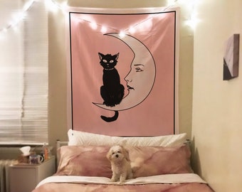 La Luna Cat Card Moon Pink Tapestry