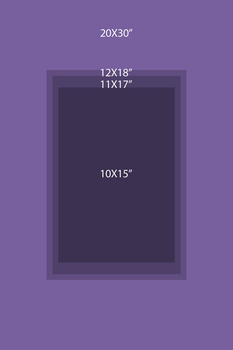 May include: A purple background with four different sized rectangles, each with a white outline and white text indicating the dimensions of each rectangle. The text reads: 20X30", 12X18", 11X17", and 10X15".