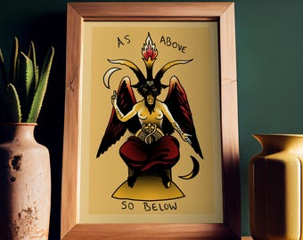 May include: A framed print featuring a central illustration of a Baphomet figure with a goat head, wings, and a flame between its horns. The text 'AS ABOVE' and 'SO BELOW' is printed in black. The figure has 'SOLVE' and 'COAGULA' on its arms.