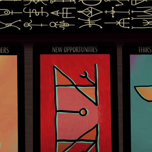 May include: A tarot card spread featuring three cards with the phrases "SELF-IMPOSED BARRIERS", "NEW OPPORTUNITIES", and "THIRST FOR KNOWLEDGE". Each card has a unique abstract design in colors like orange, red, and teal. A fourth card with symbols is at the top.