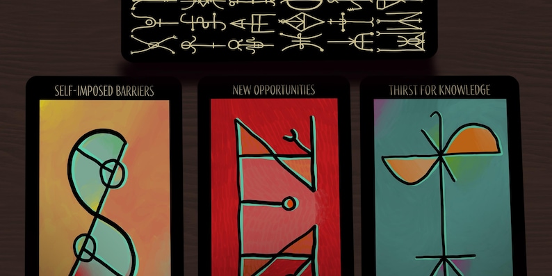 May include: A tarot card spread featuring three cards with the phrases "SELF-IMPOSED BARRIERS", "NEW OPPORTUNITIES", and "THIRST FOR KNOWLEDGE". Each card has a unique abstract design in colors like orange, red, and teal. A fourth card with symbols is at the top.