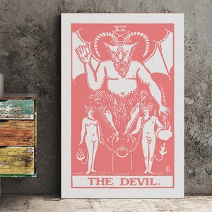 De Duivel - Tarotkaart Print - Tarotkaart De Duivelskaart Roze en Wit Poster, Geen Lijst