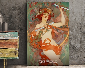 May include: A vintage-style print of a woman with flowing red hair and a floral crown, holding two silver arrows. The artwork features a green, orange, and gold color palette, with the words "THE WORLD" at the bottom.